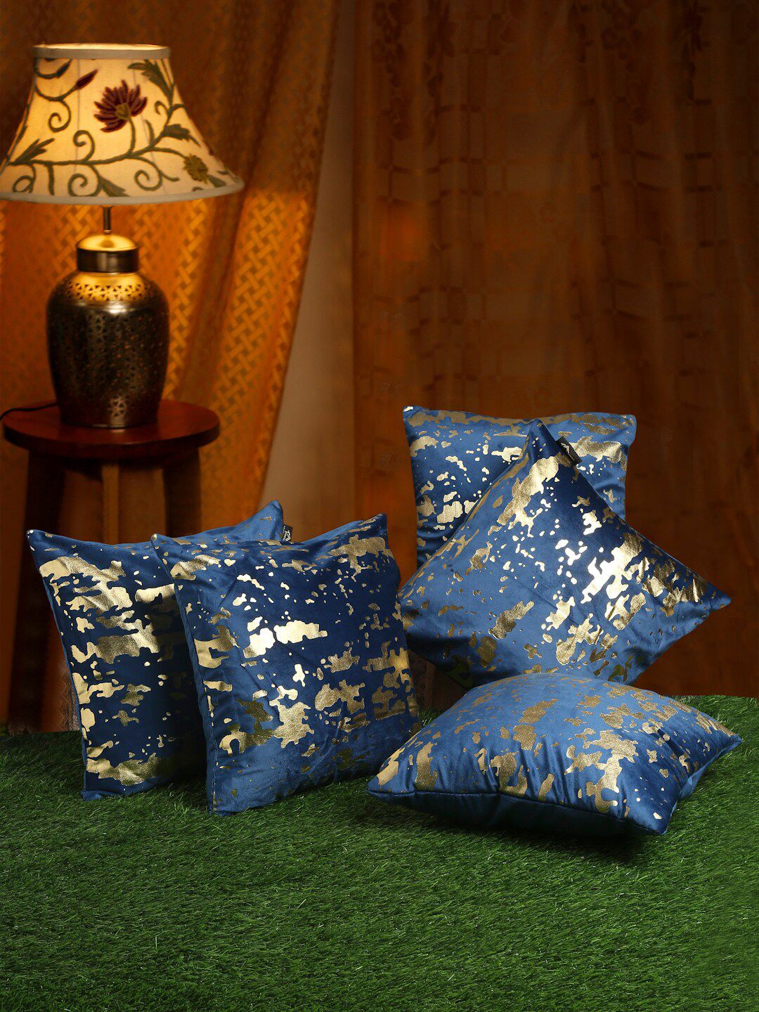 HOSTA HOMES Blue & Gold-Toned Set of 5 Geometric Velvet Square Cushion Covers Price in India