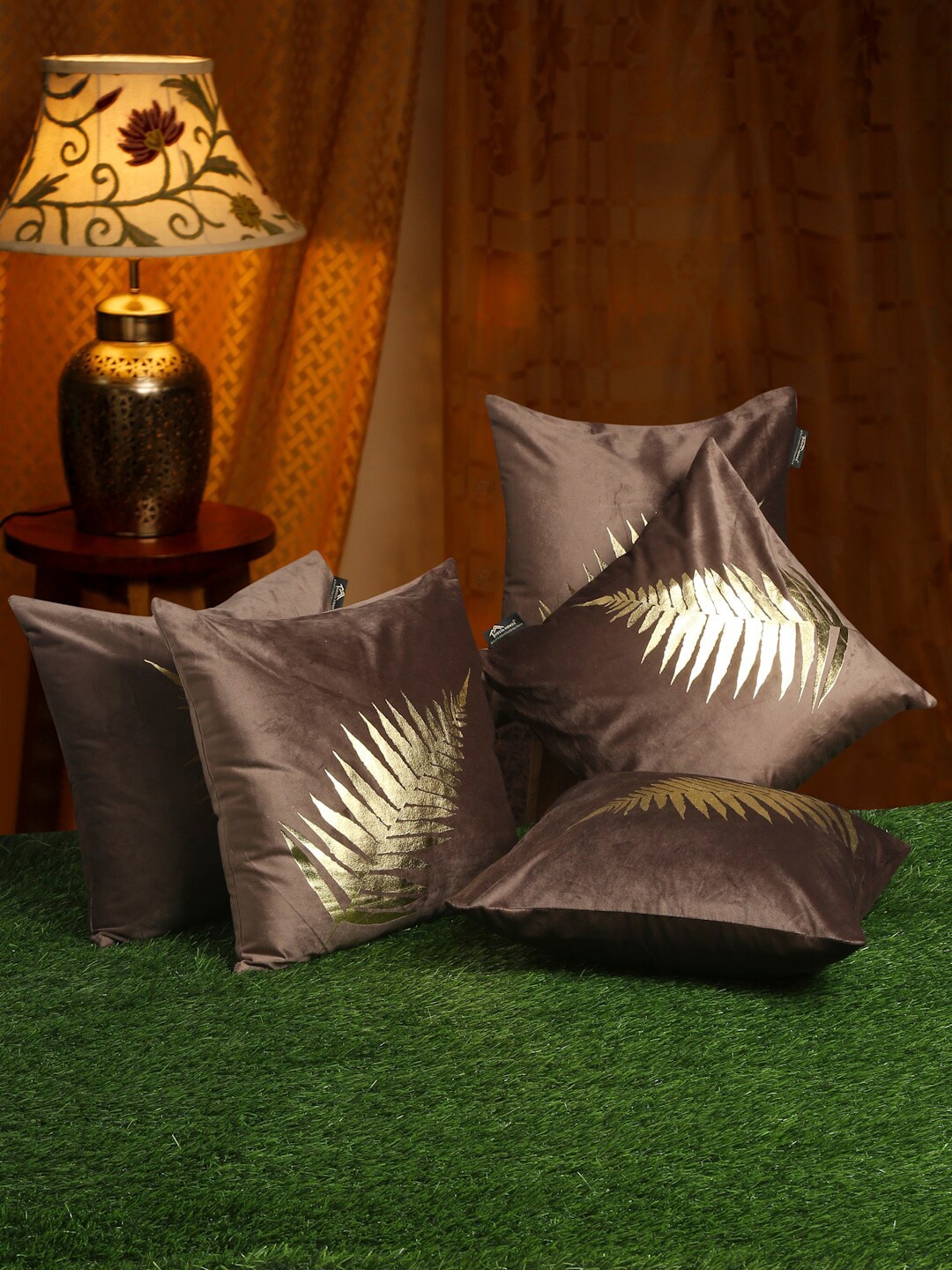 HOSTA HOMES Brown & Gold-Toned Set of 5 Floral Velvet Square Cushion Covers Price in India