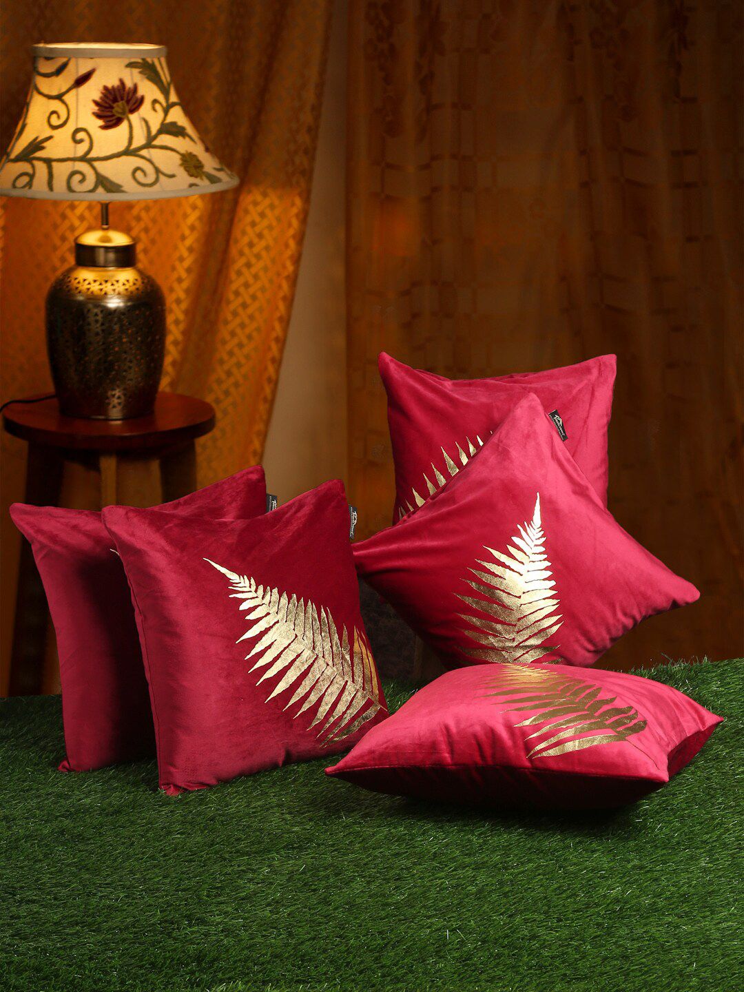 HOSTA HOMES Maroon & Gold-Toned Set of 5 Floral Velvet Square Cushion Covers Price in India