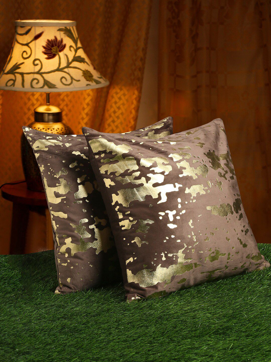 HOSTA HOMES Set of 2 Brown & Gold-Toned Geometric Velvet Square Cushion Covers Price in India