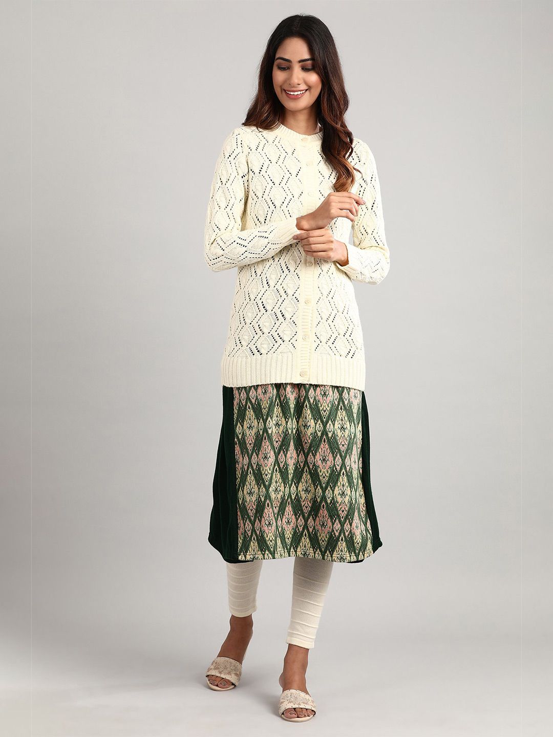 AURELIA Women Off-White Open-Knit Pure Acrylic Cardigan Price in India