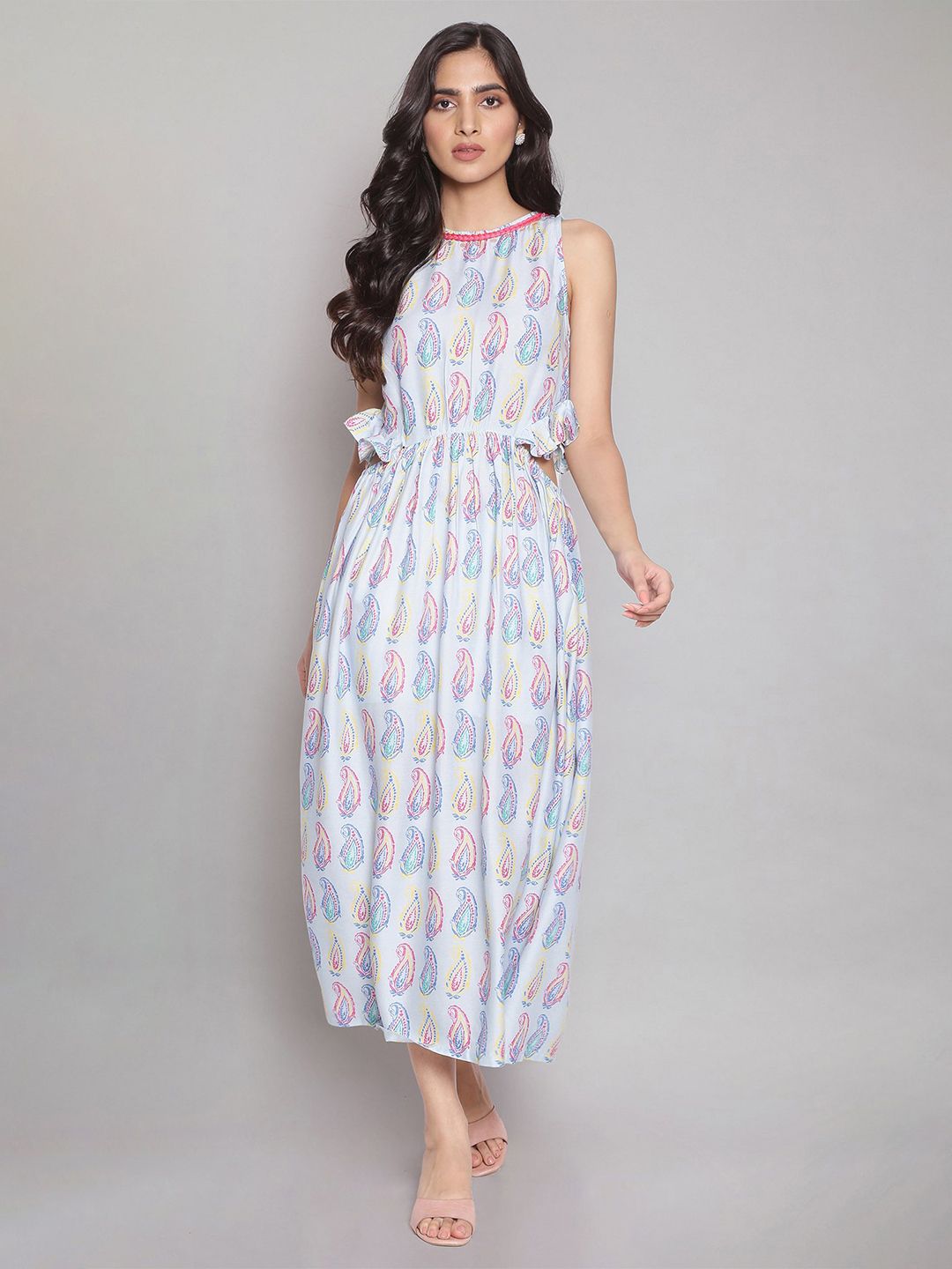 W Blue Floral Omplalodes printed dress with cut-outs waist and gathers. Price in India