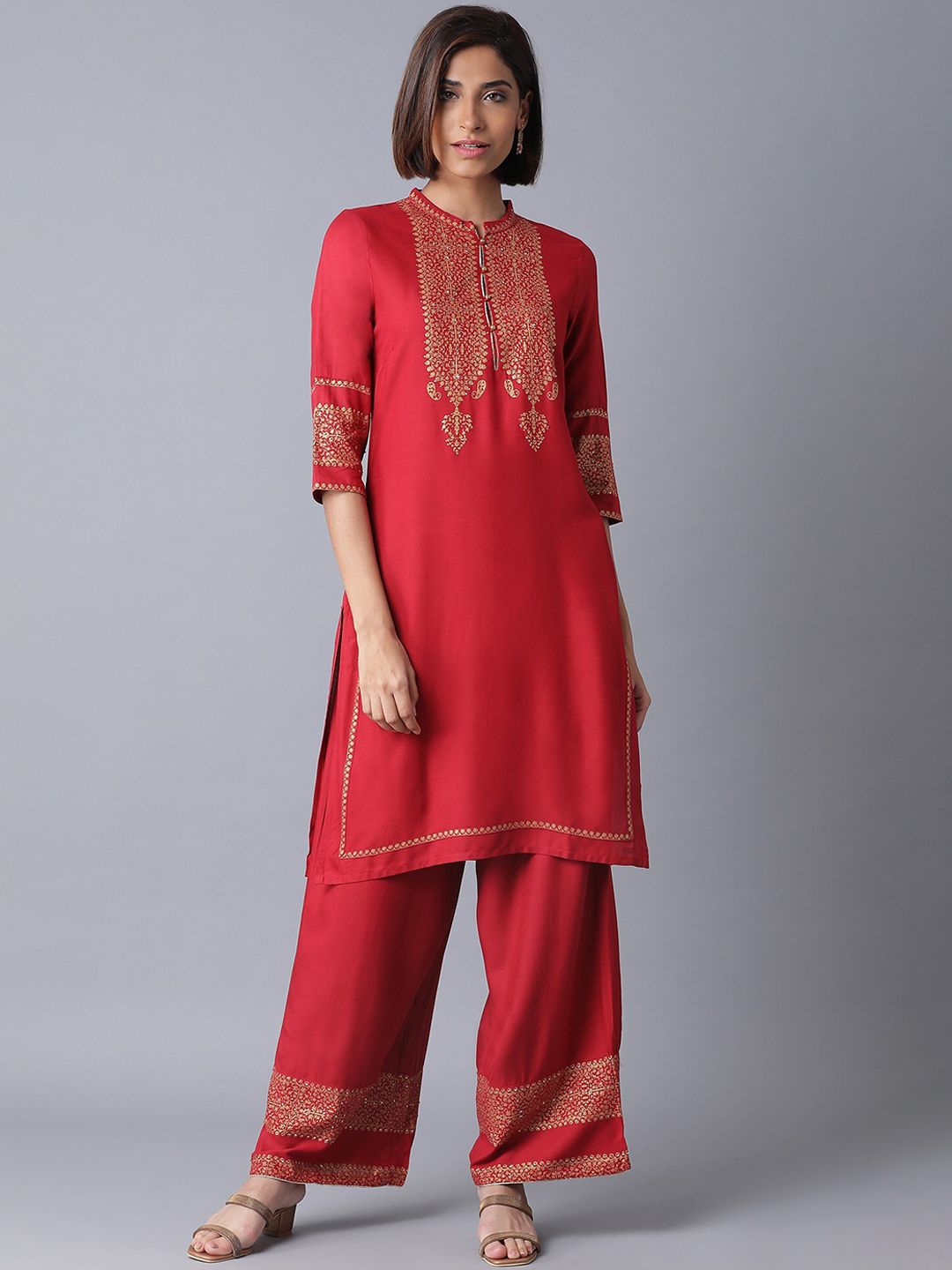 W Women Red  kurta set Kurti with Sharara Yoke Design Empire Price in India