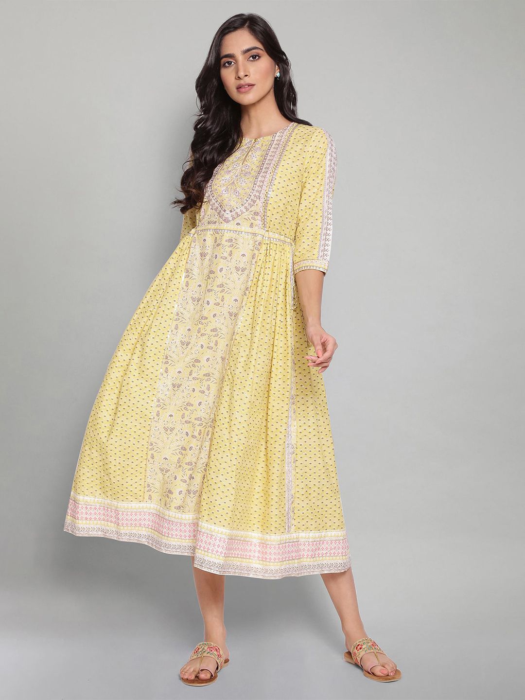 W Yellow Ethnic Motifs A-Line Cotton Midi Dress Price in India