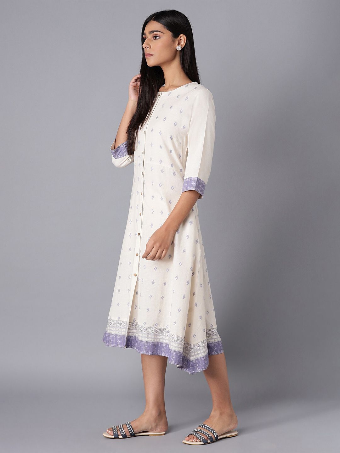 W Women Beige Ethnic Motifs Printed A-Line Midi Dress Price in India