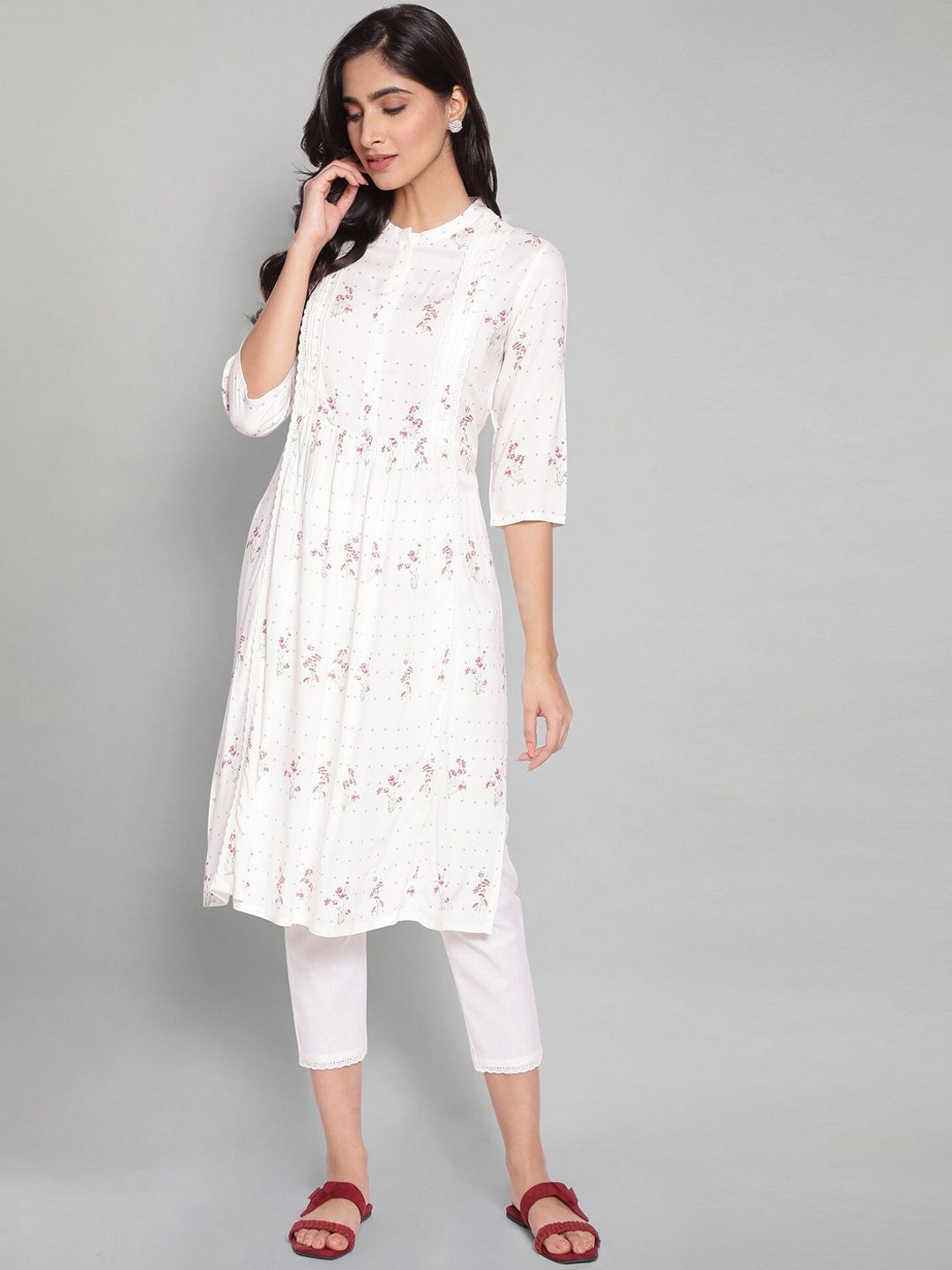 W Women White Floral Printed Thread Work Floral Kurta Price in India