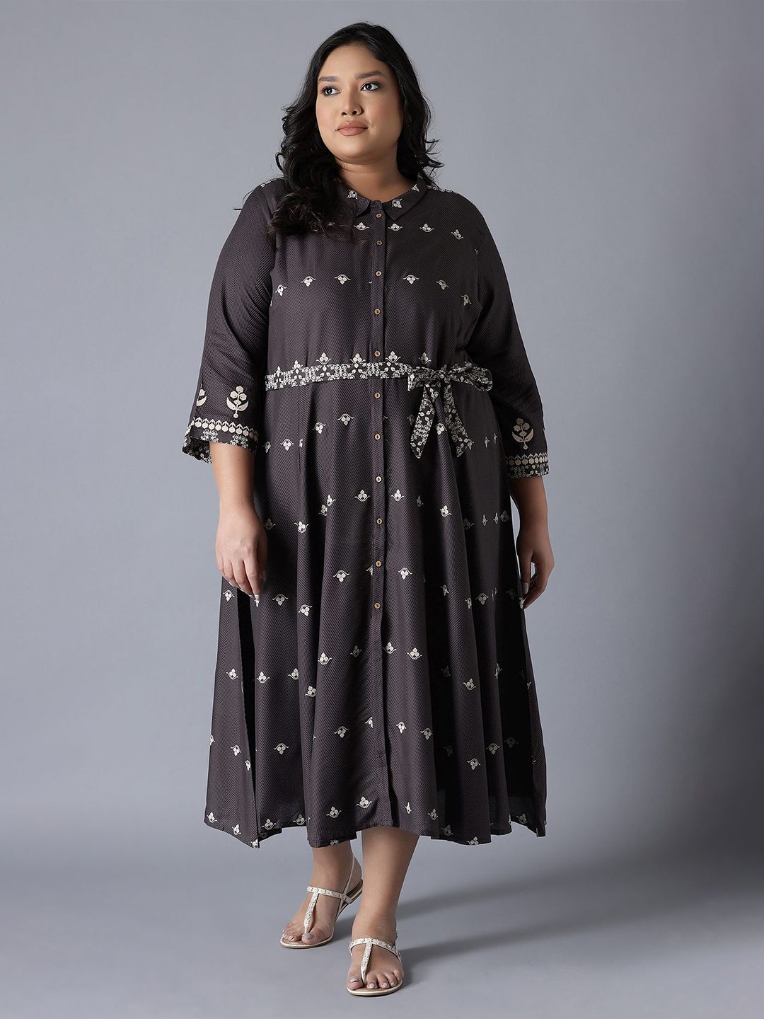 W Women Plus Size Grey Ethnic Motifs Embroidered A-Line Midi Dress Price in India