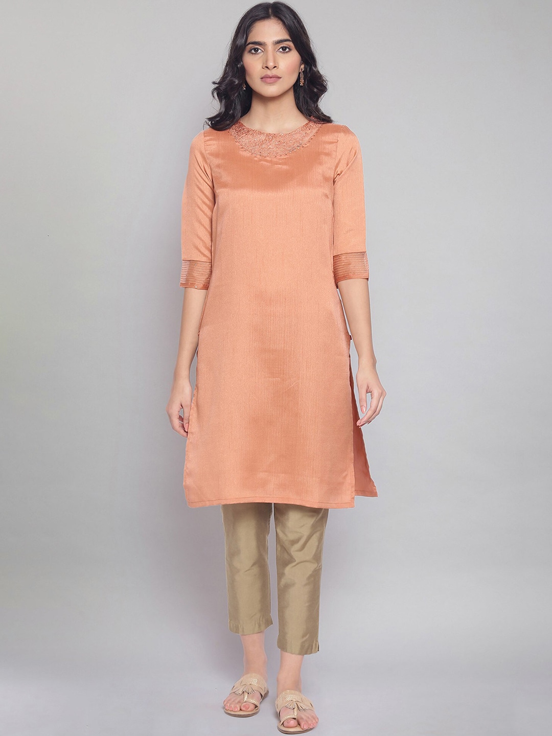 W Women Orange Yoke Design Thread Work Kurta Price in India