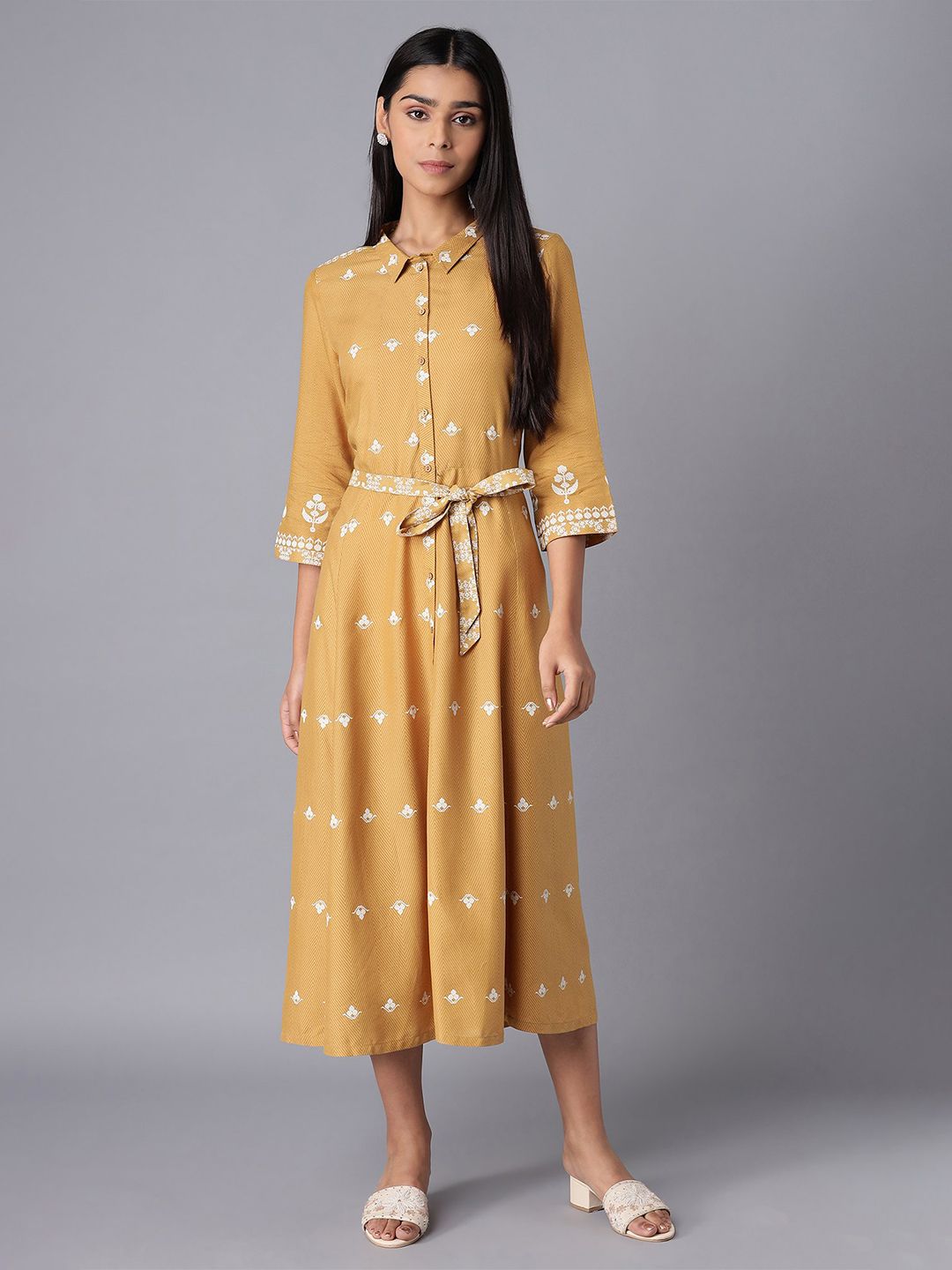 W Yellow Ethnic Motifs A-Line Midi Dress Price in India