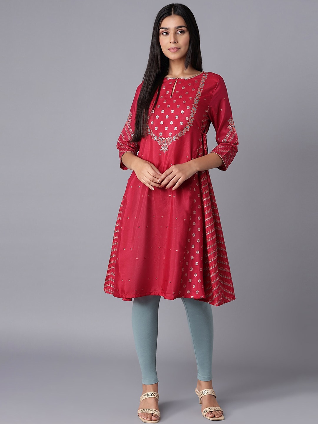 W Women Red Ethnic Motifs Embroidered Keyhole Neck Kurta Price in India