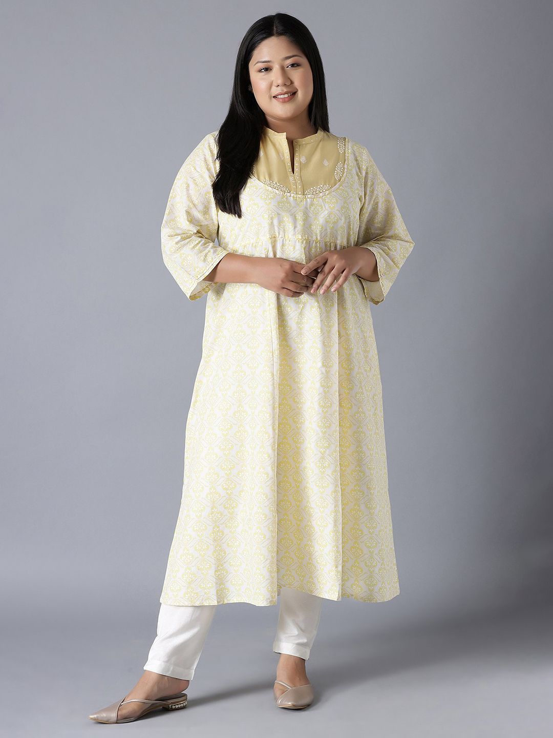W Beige Ethnic Motifs A-Line Midi Dress Price in India