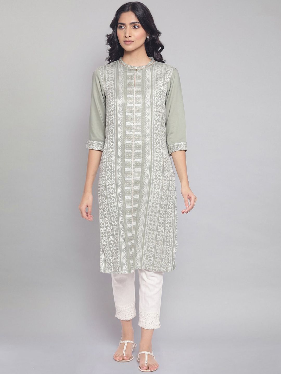 W Women Green Geometric Keyhole Neck Kurta Price in India