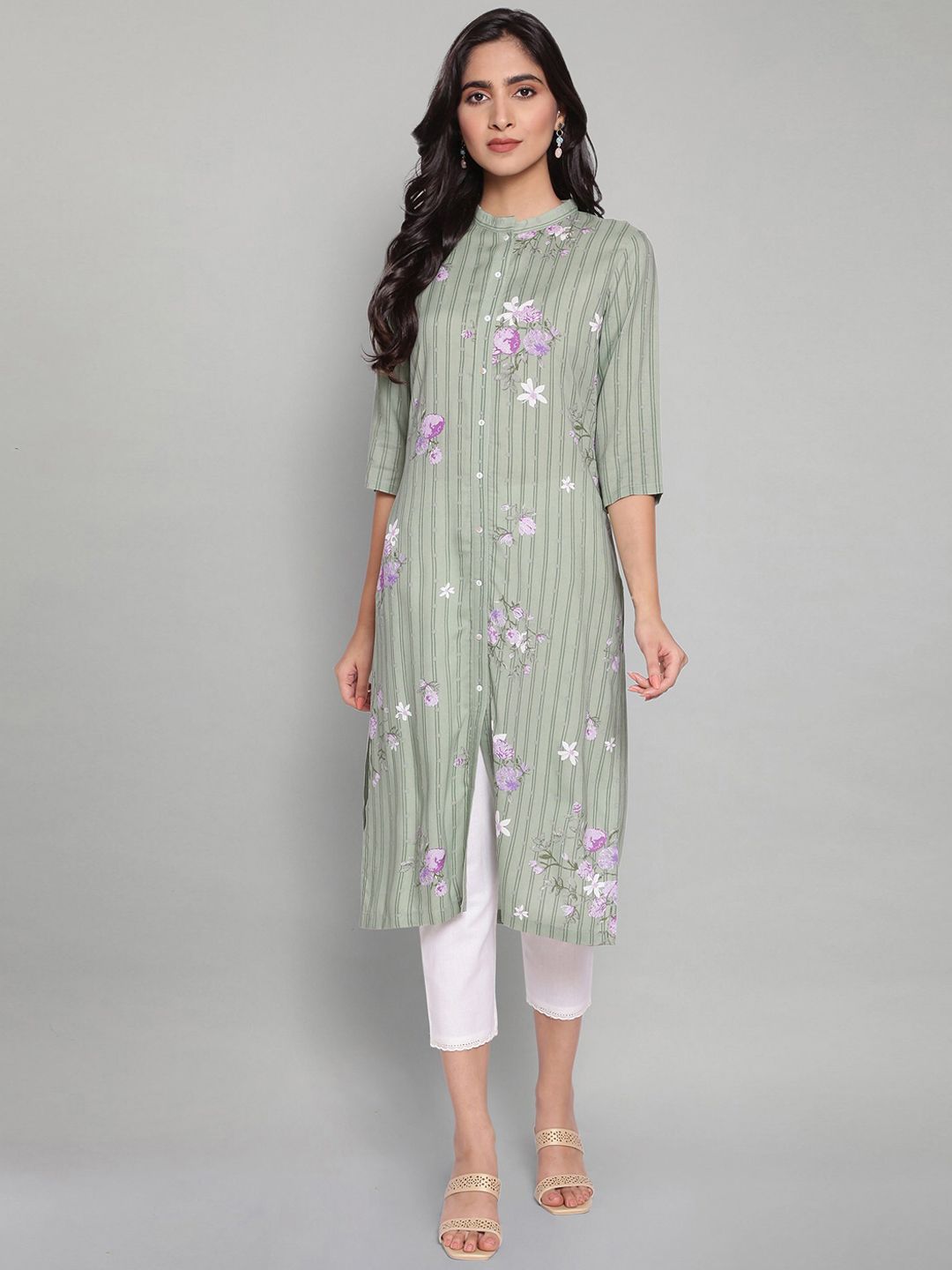 W Women Green Geometric Striped Keyhole Neck Kurta Price in India