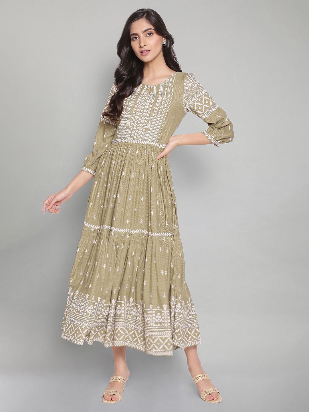 W Green Ethnic Motifs A-Line Midi Dress Price in India