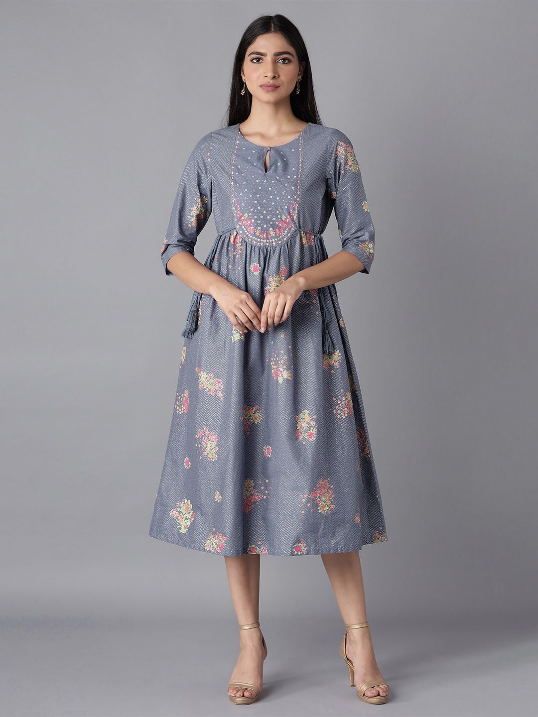 W Blue Floral Tie-Up Neck Empire Midi Dress Price in India