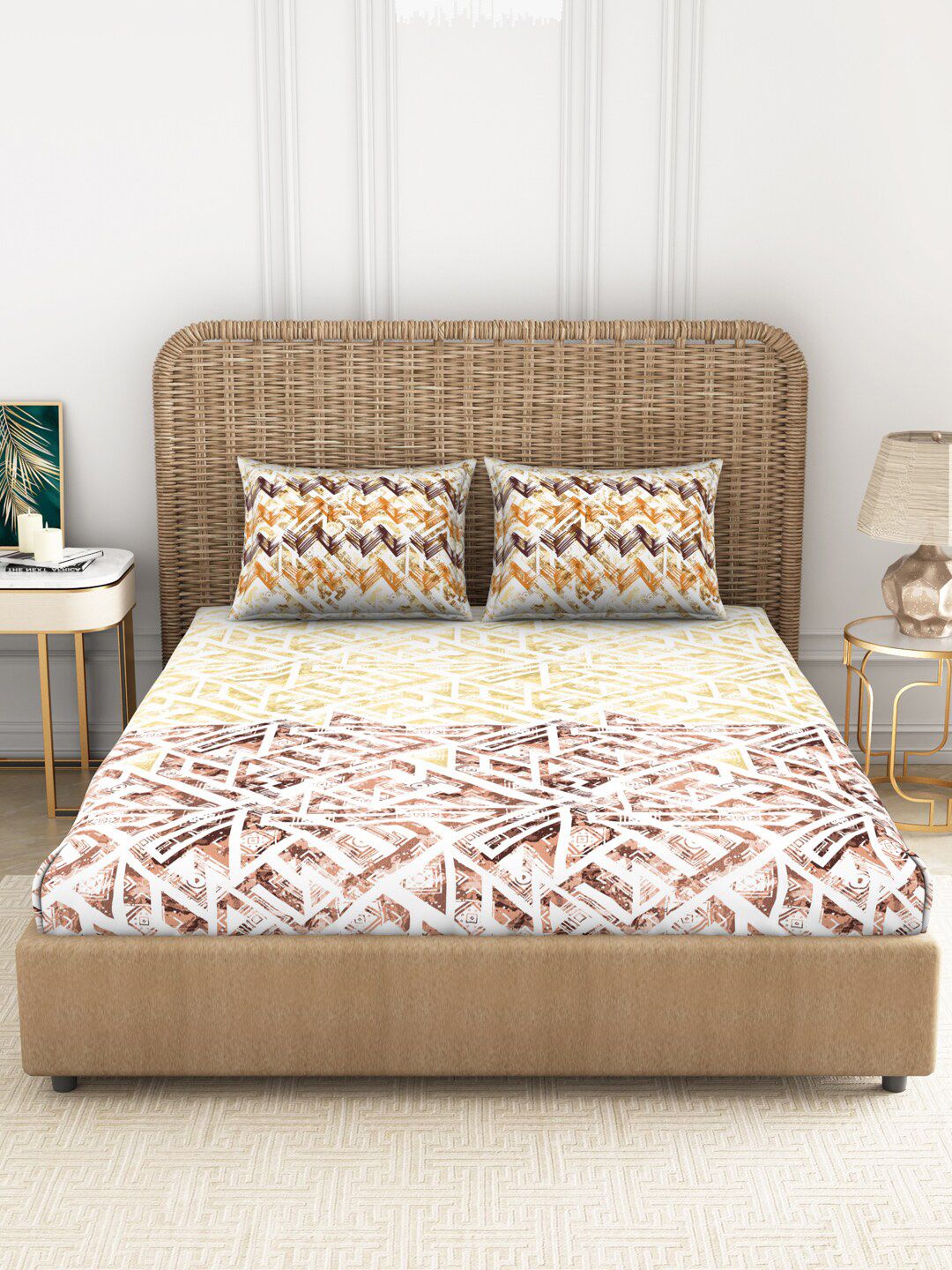 SPACES Brown & Mustard Geometric 144 TC Pure Cotton King Bedsheet with 2 Pillow Covers Price in India