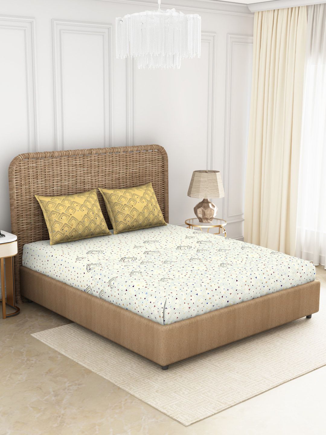 SPACES Off White & Yellow Pure Cotton Fitted 144 TC King Bedsheet with 2 Pillow Covers Price in India