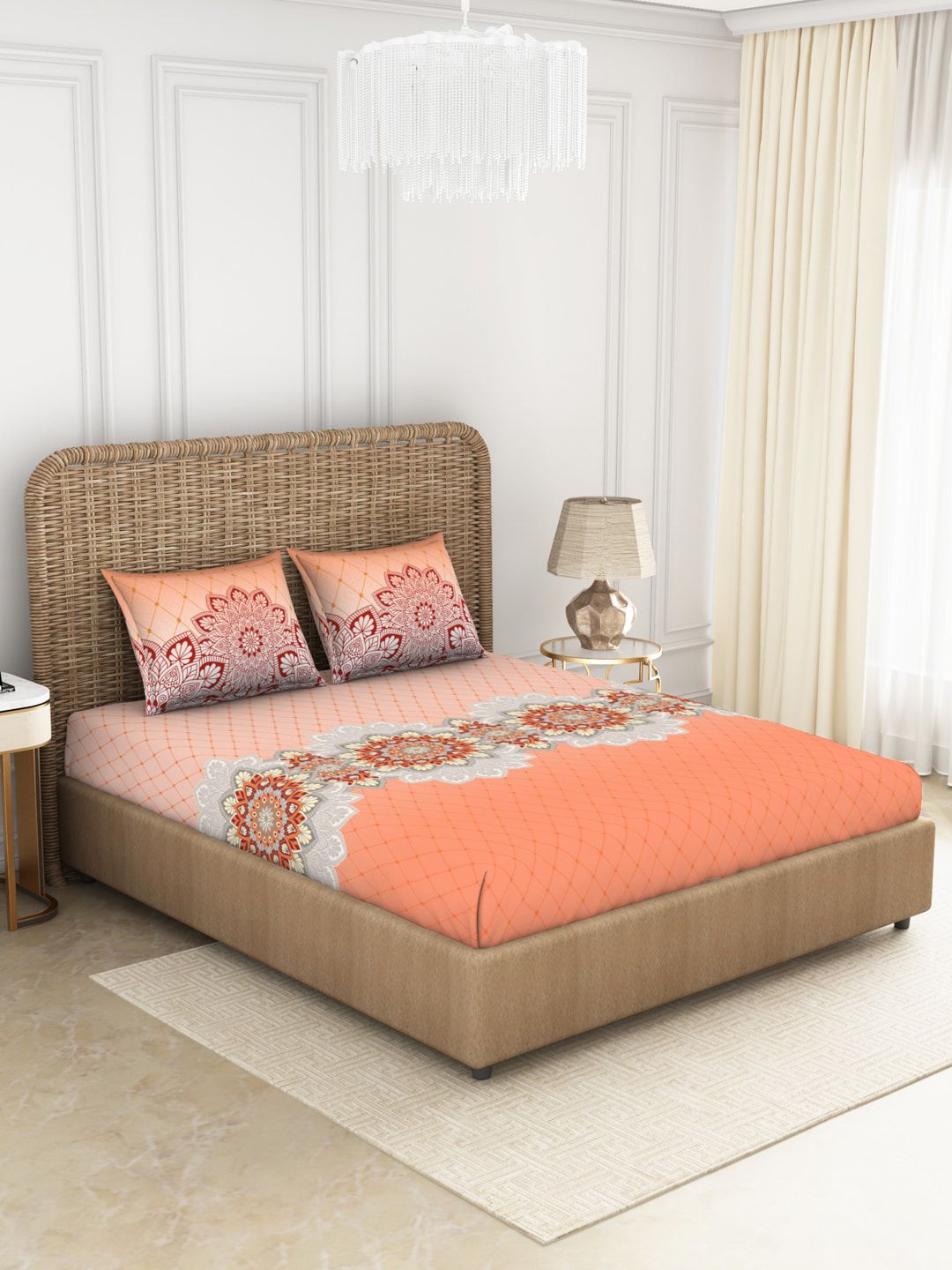 SPACES Coral & Grey Ethnic Motifs 144 TC King Bedsheet with 2 Pillow Covers Price in India