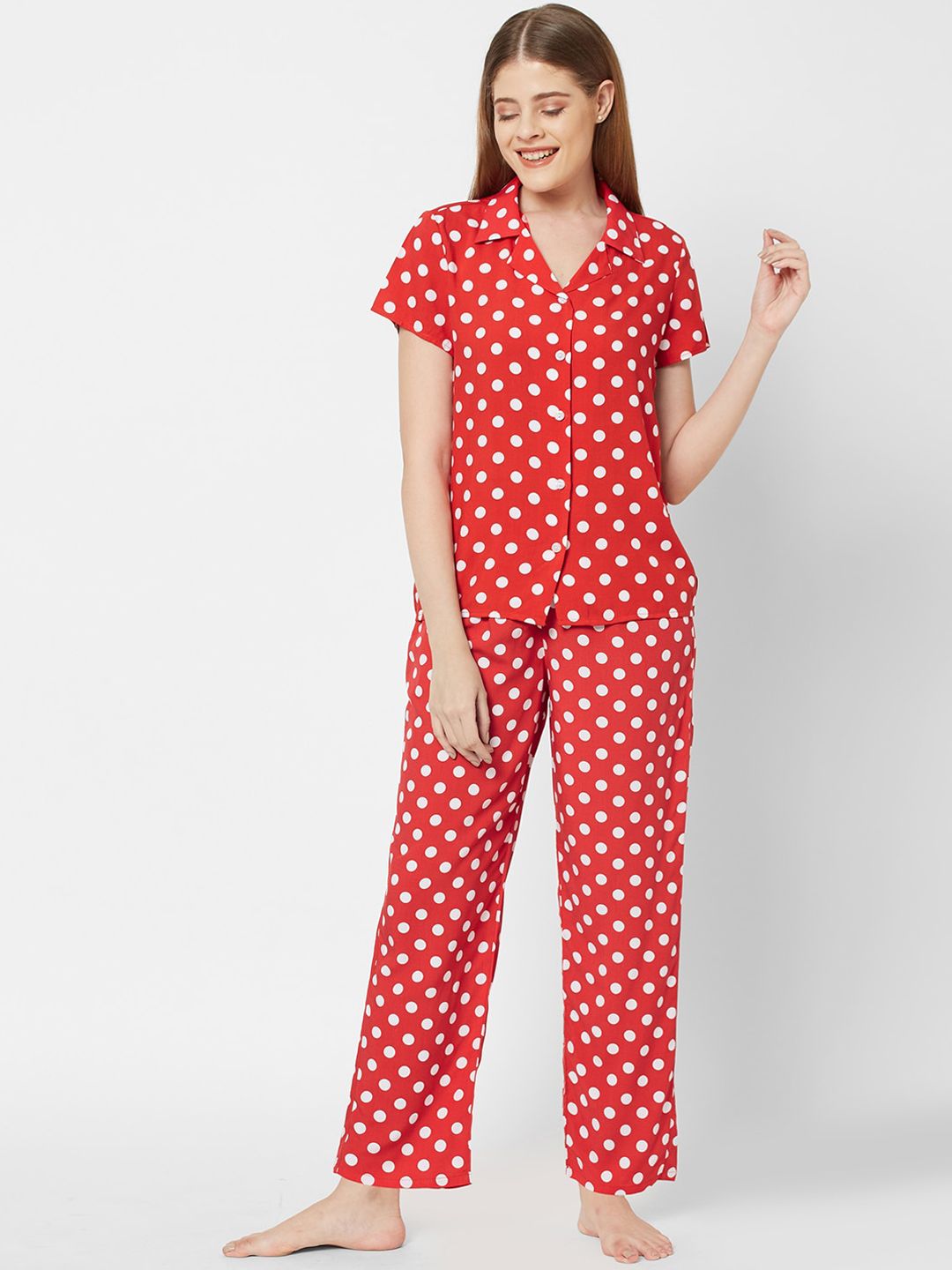 SDL by Sweet Dreams Women Red Polka Printed Night suit Price in India
