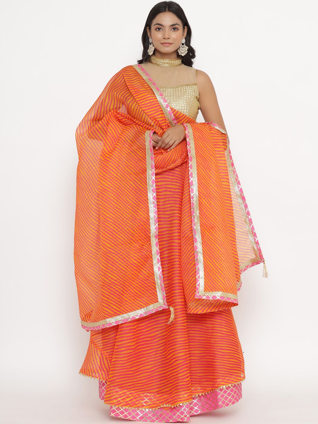 Kesarya Orange & Pink Embellished Ready to Wear Lehenga & Unstitched Blouse With Dupatta Price in India