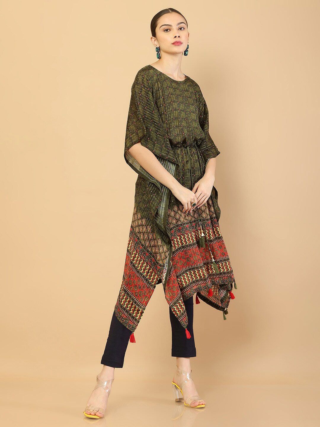 Soch Women Green Embellished Flared Sleeves Kaftan Kurta Price in India