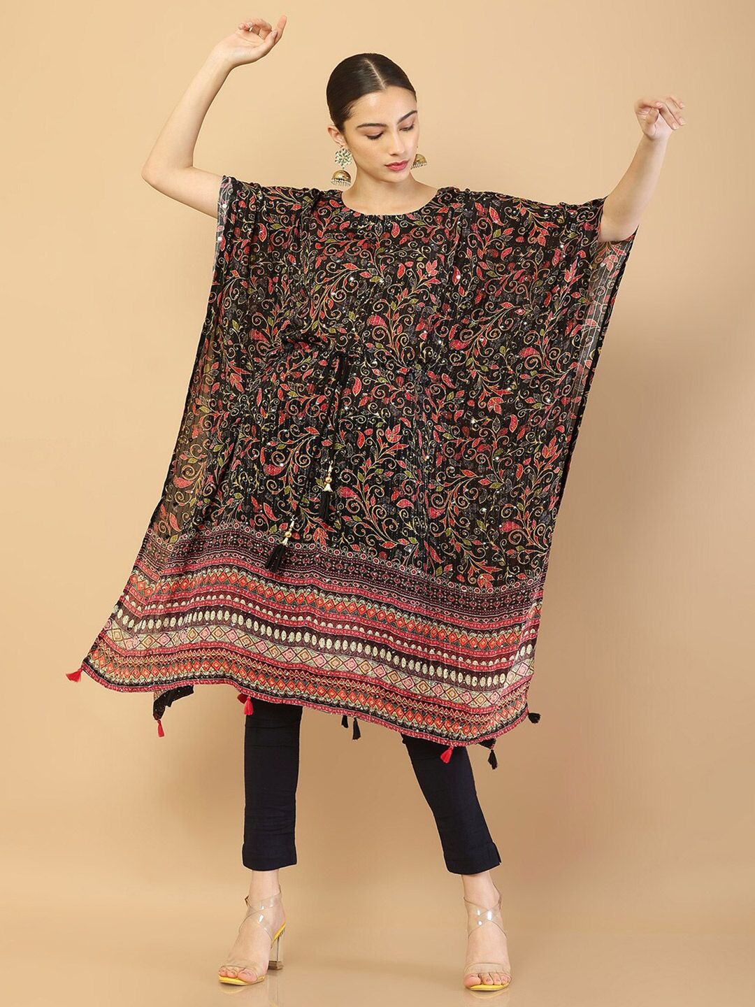 Soch Black Ethnic Motifs Tie-Up Neck A-Line Dress Price in India