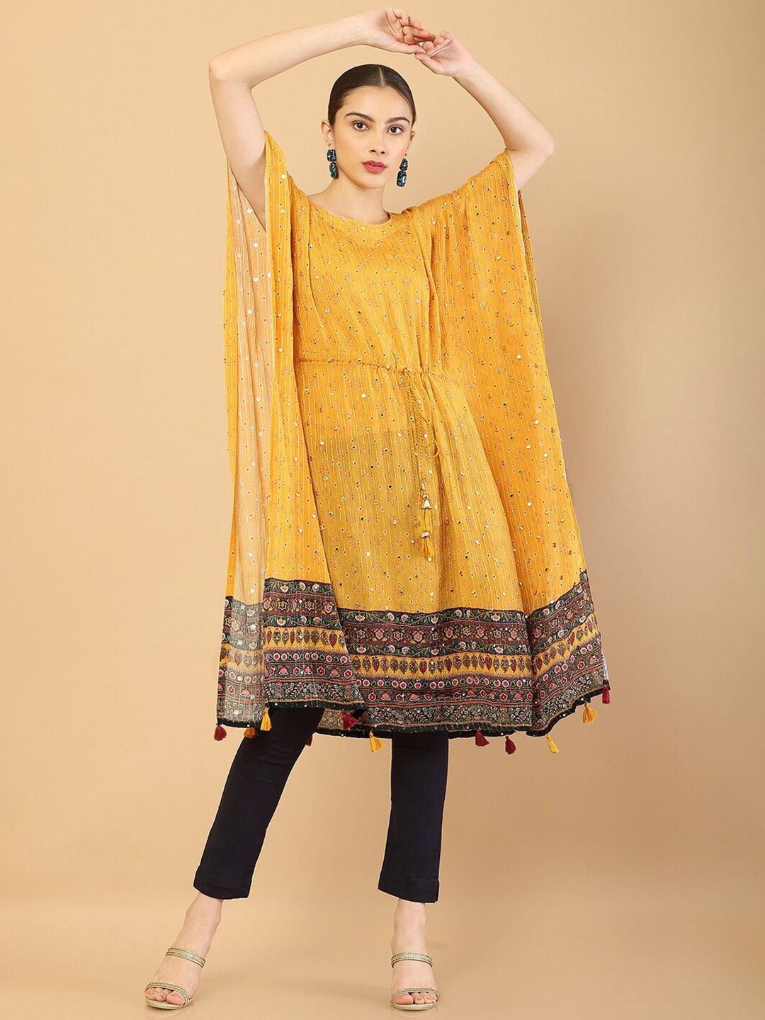 Soch Women Mustard Yellow Embellished Flared Sleeves Mirror Work Kaftan Kurta Price in India