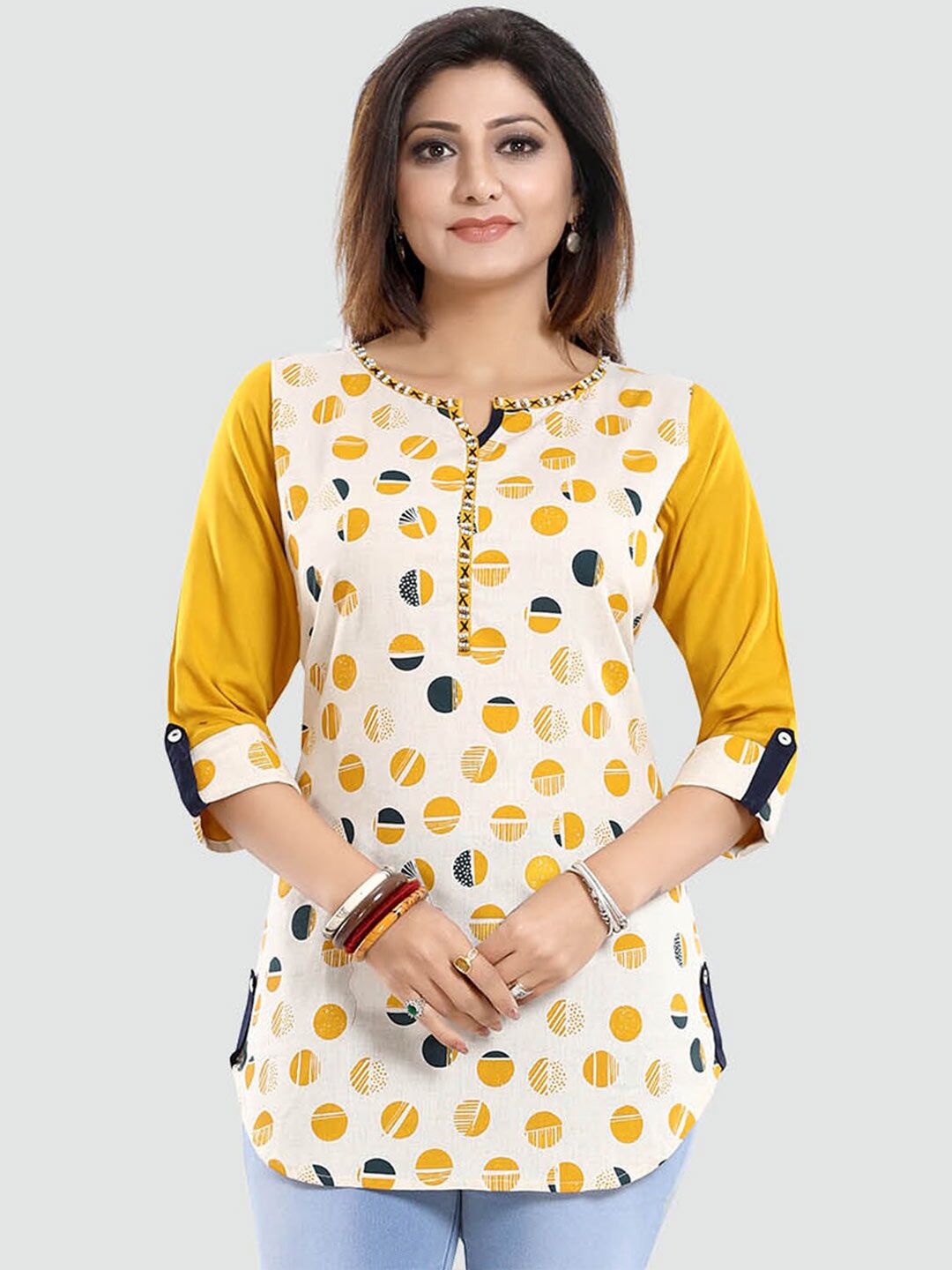 Saree Swarg Women Cream-Coloured & Yellow Geometric Printed Kurti Price in India