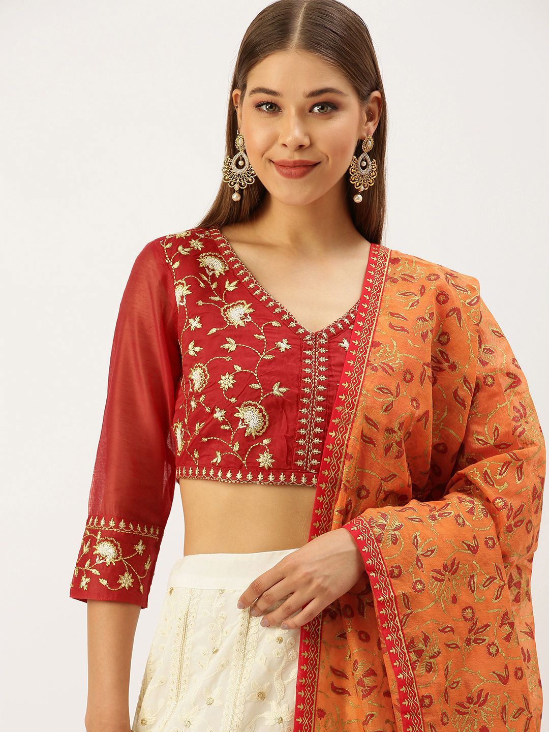 SWAGG INDIA Red & Cream-Coloured Embroidered Sequinned Ready to Wear Lehenga Set Price in India