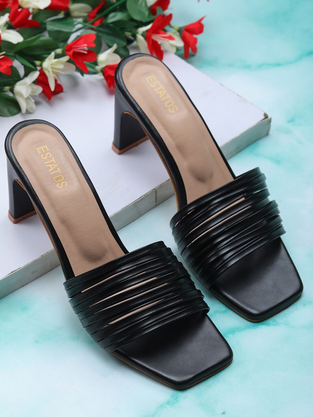 ESTATOS Women Black Solid Block Mules Price in India