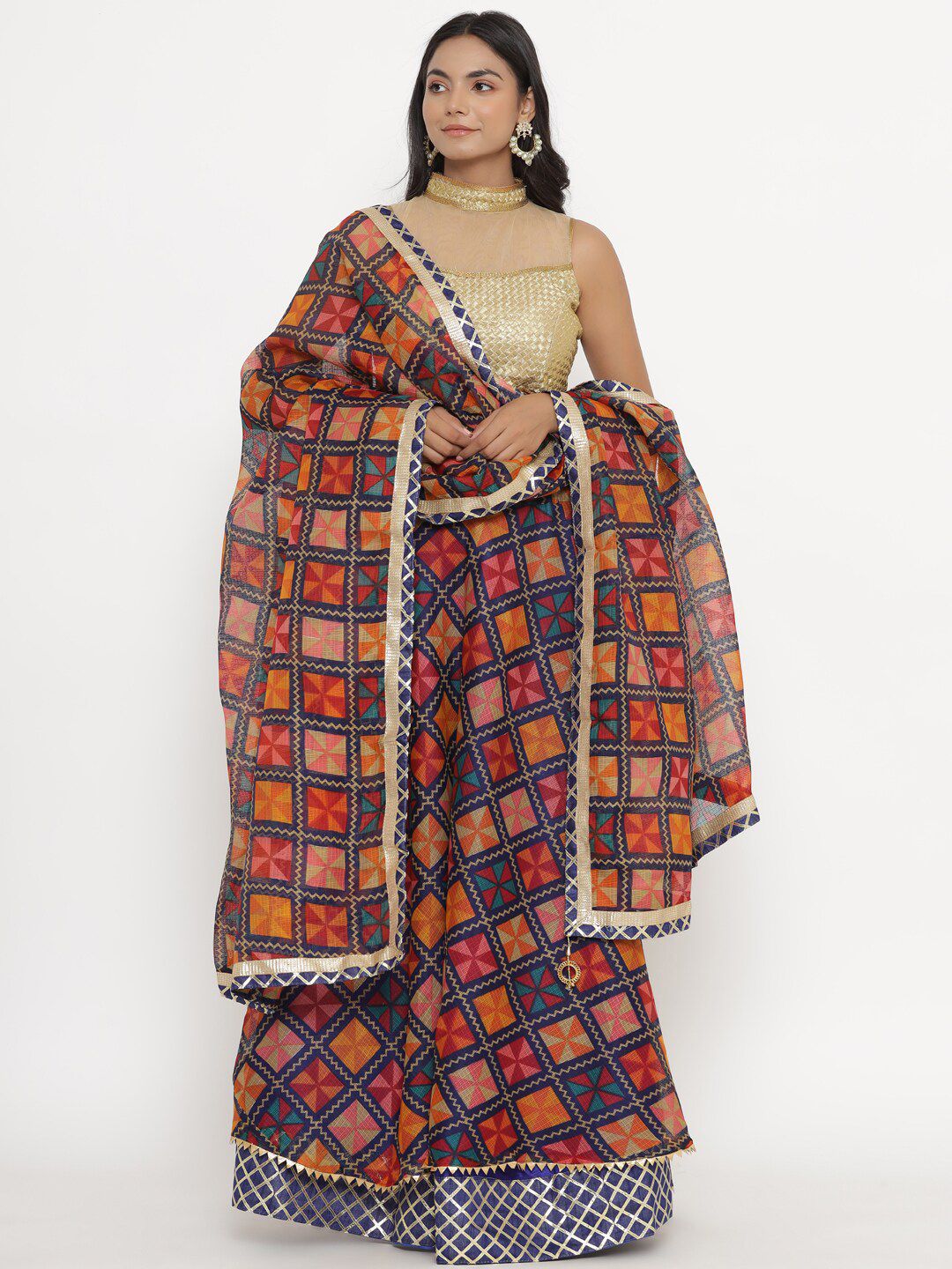 Kesarya Women Blue & Orange Printed Ready to Wear Lehenga & Unstitched Blouse With Dupatta Price in India