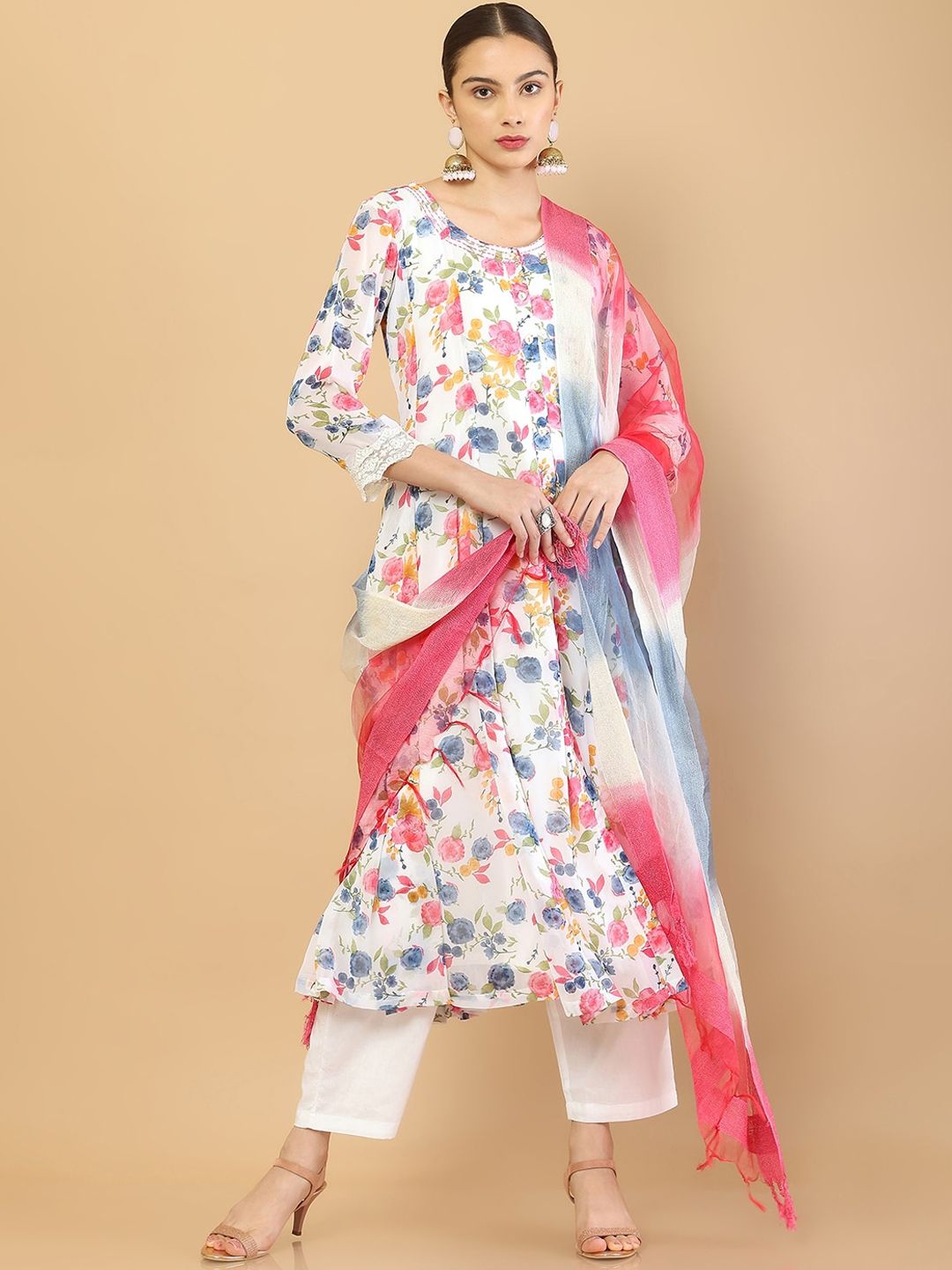 Soch Women Off White Floral Printed Panelled Kurti with Trousers & With Dupatta Price in India