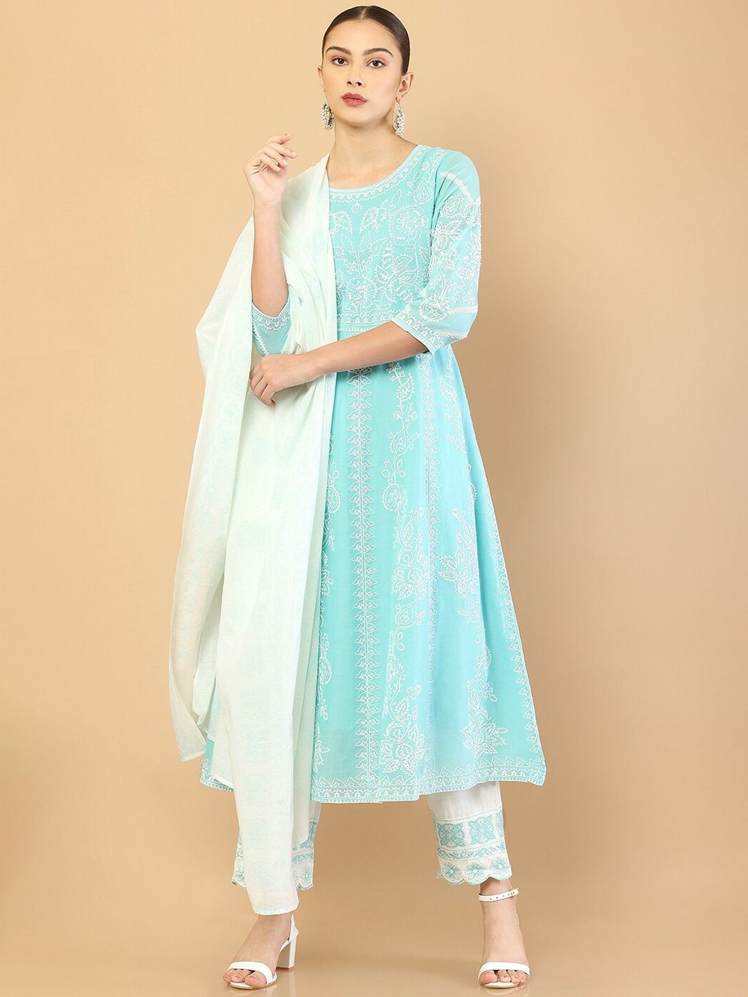 Soch Women Blue Embroidered Thread Work Pure Cotton Kurta with Trousers & Dupatta Price in India