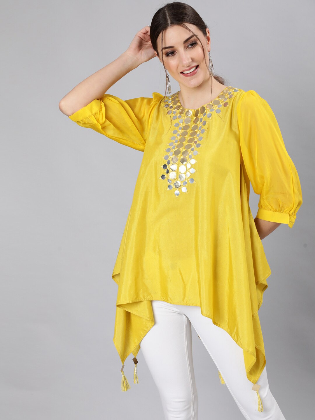 Jaipur Kurti Women Yellow Embellished High-Low Longline Top Price in India