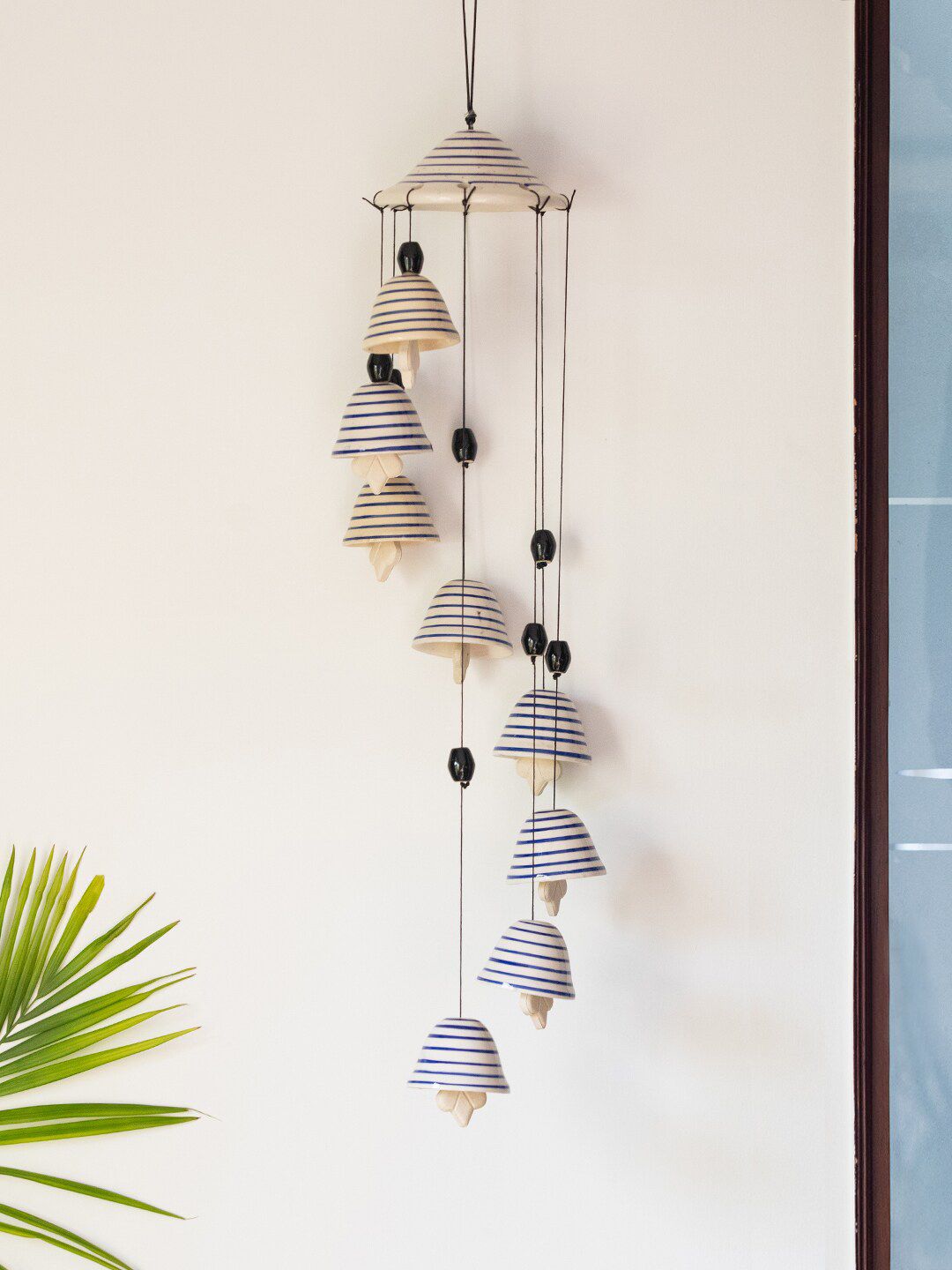 ExclusiveLane Cream & Blue Handcrafted & Hand-Painted Ceramic Wind Chimes Price in India