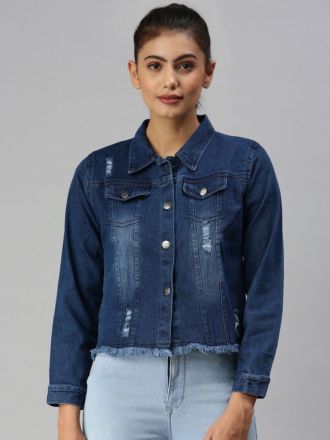 SHOWOFF Women Navy Blue Washed Denim Jacket Price in India