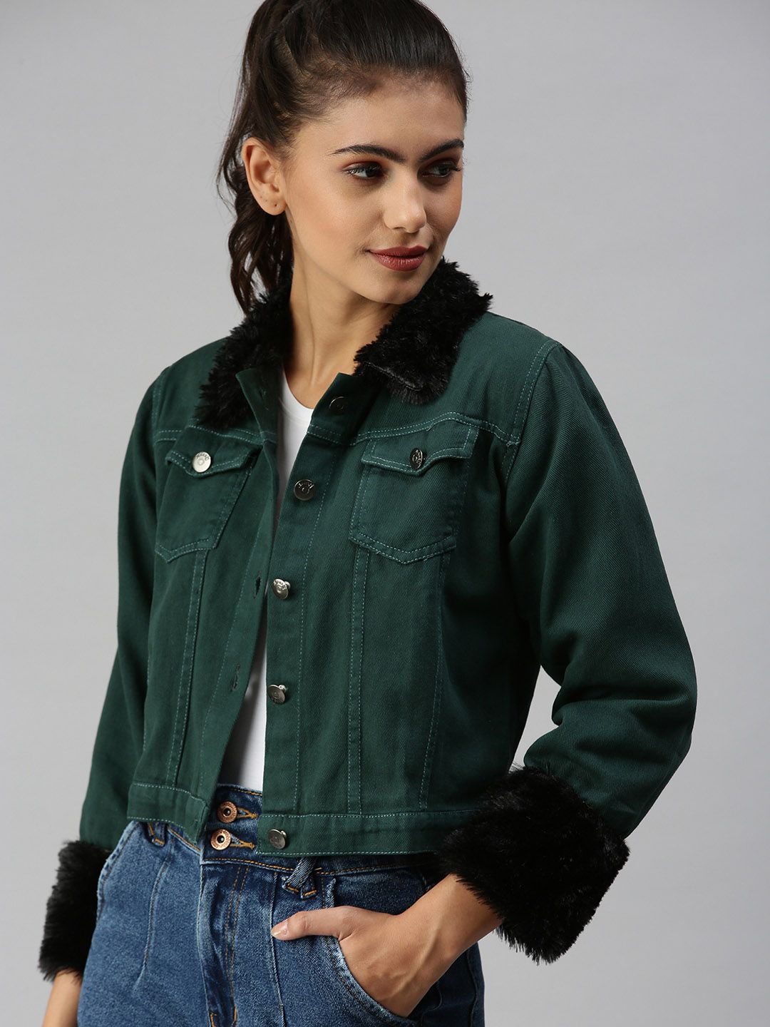 SHOWOFF Women Green Solid Crop Denim Jacket Price in India