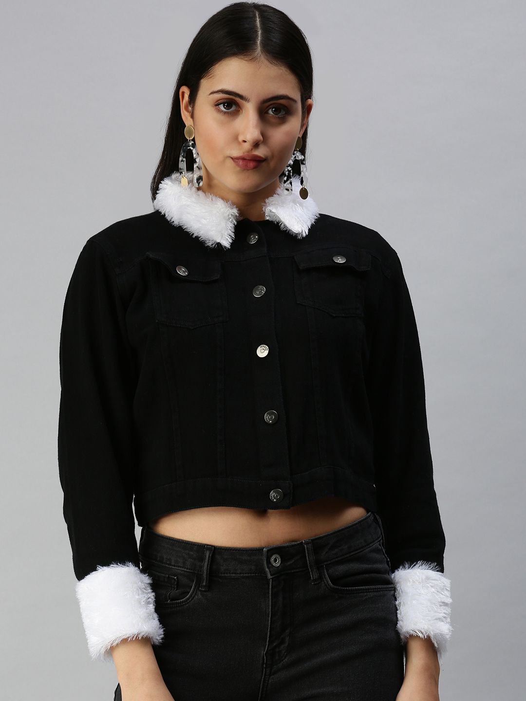 SHOWOFF Women Black Crop Cotton Denim Jacket Price in India