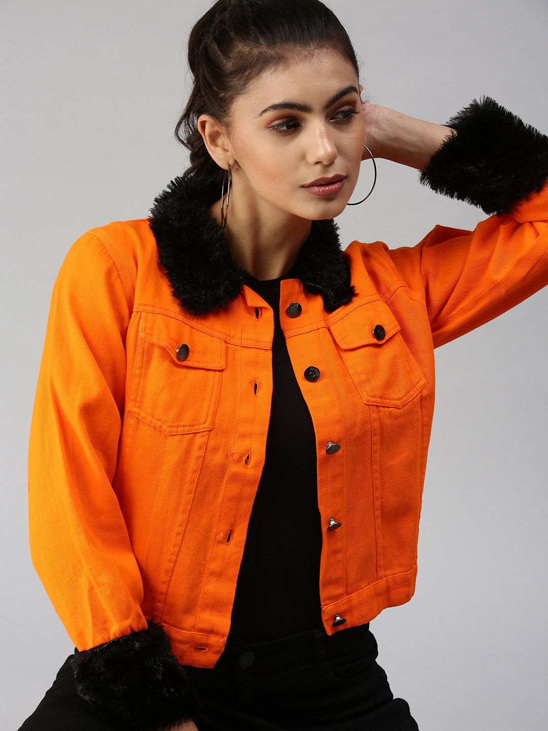 SHOWOFF Women Orange Solid Denim Jacket Price in India