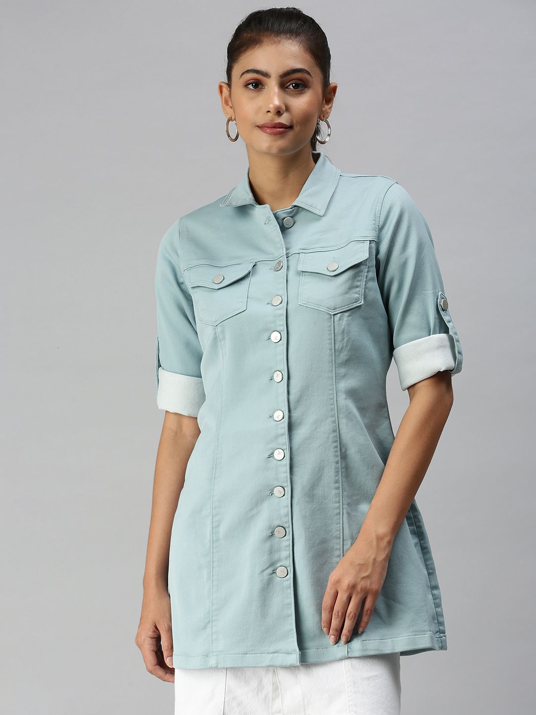 SHOWOFF Women Sea Green Longline Denim Jacket Price in India