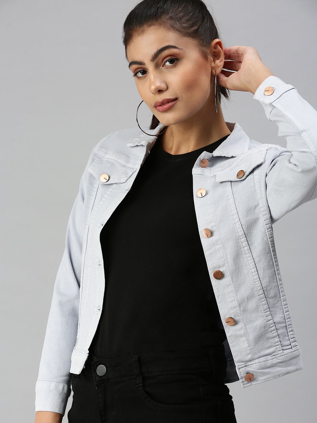 SHOWOFF Women Grey Denim Jacket Price in India