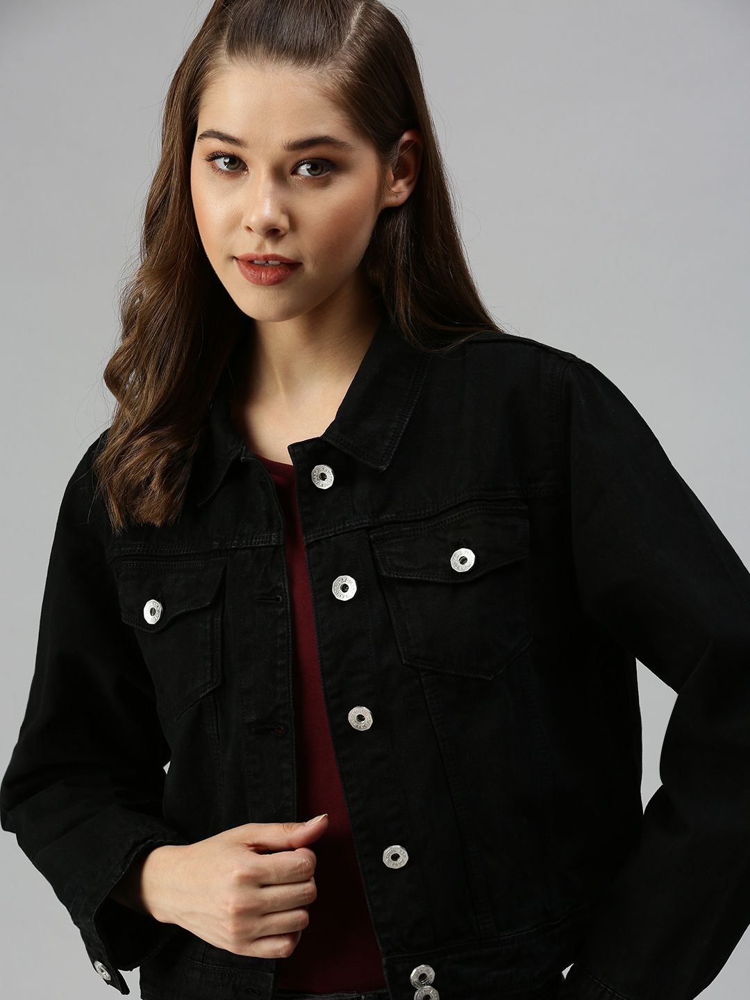 SHOWOFF Women Black Crop Denim Jacket Price in India