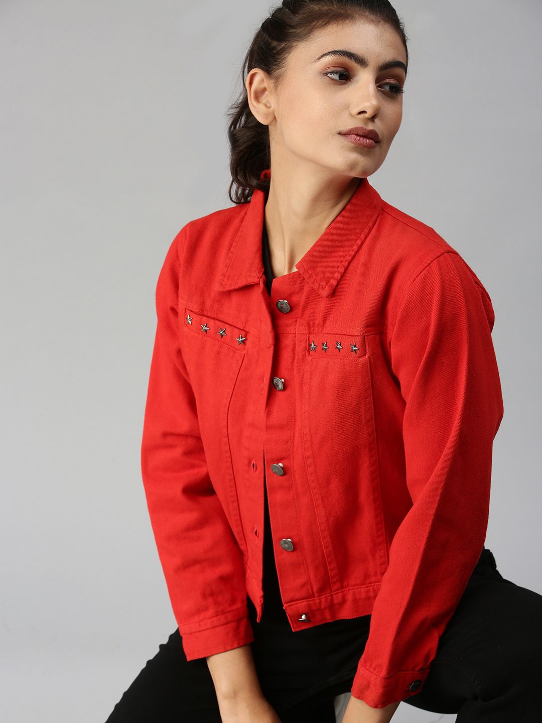 SHOWOFF Women Red Cotton Tailored Jacket Price in India