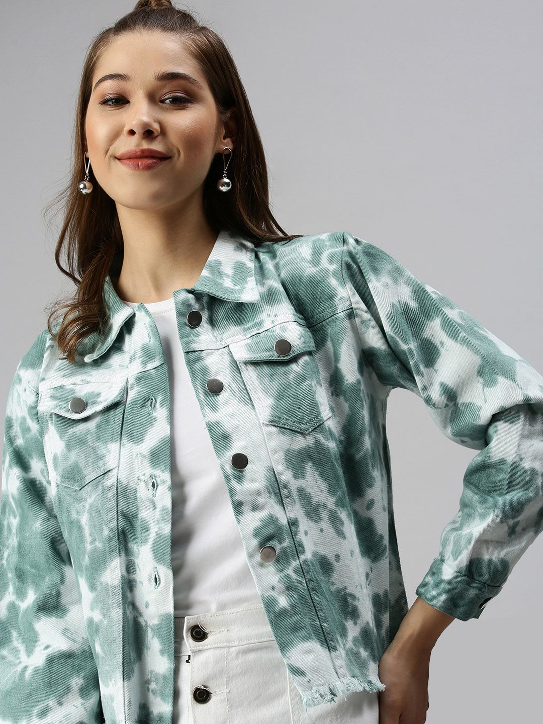 SHOWOFF Women White Camouflage Crop Denim Jacket Price in India