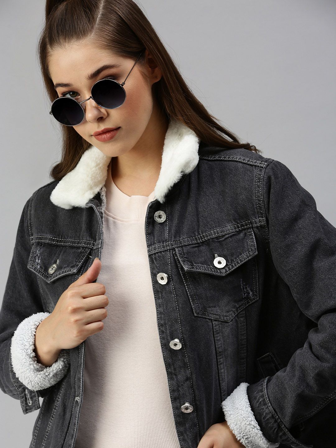 SHOWOFF Women Grey Washed Outdoor Denim Jacket Price in India