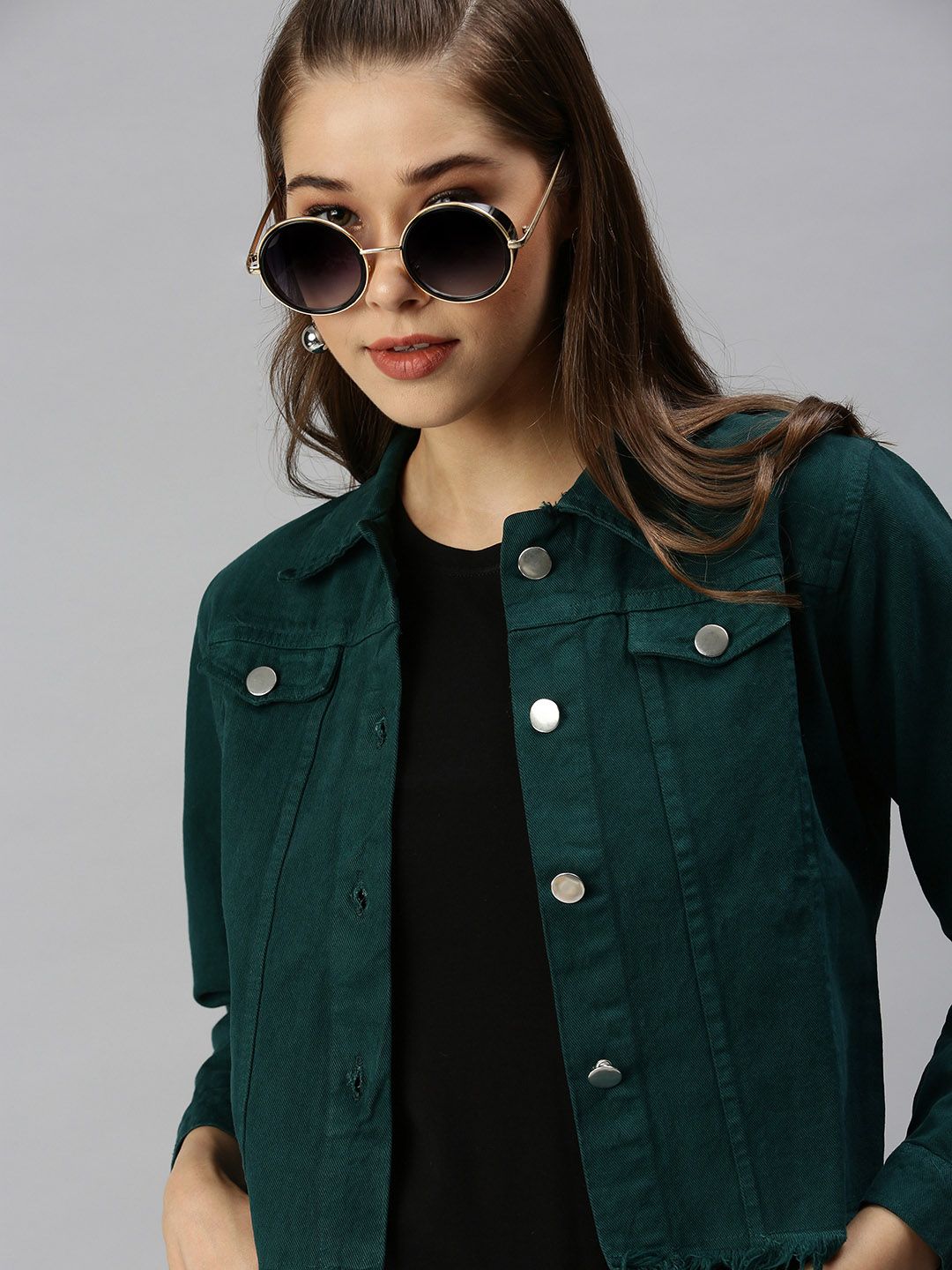 SHOWOFF Women Green Crop Denim Jacket with Patchwork Price in India