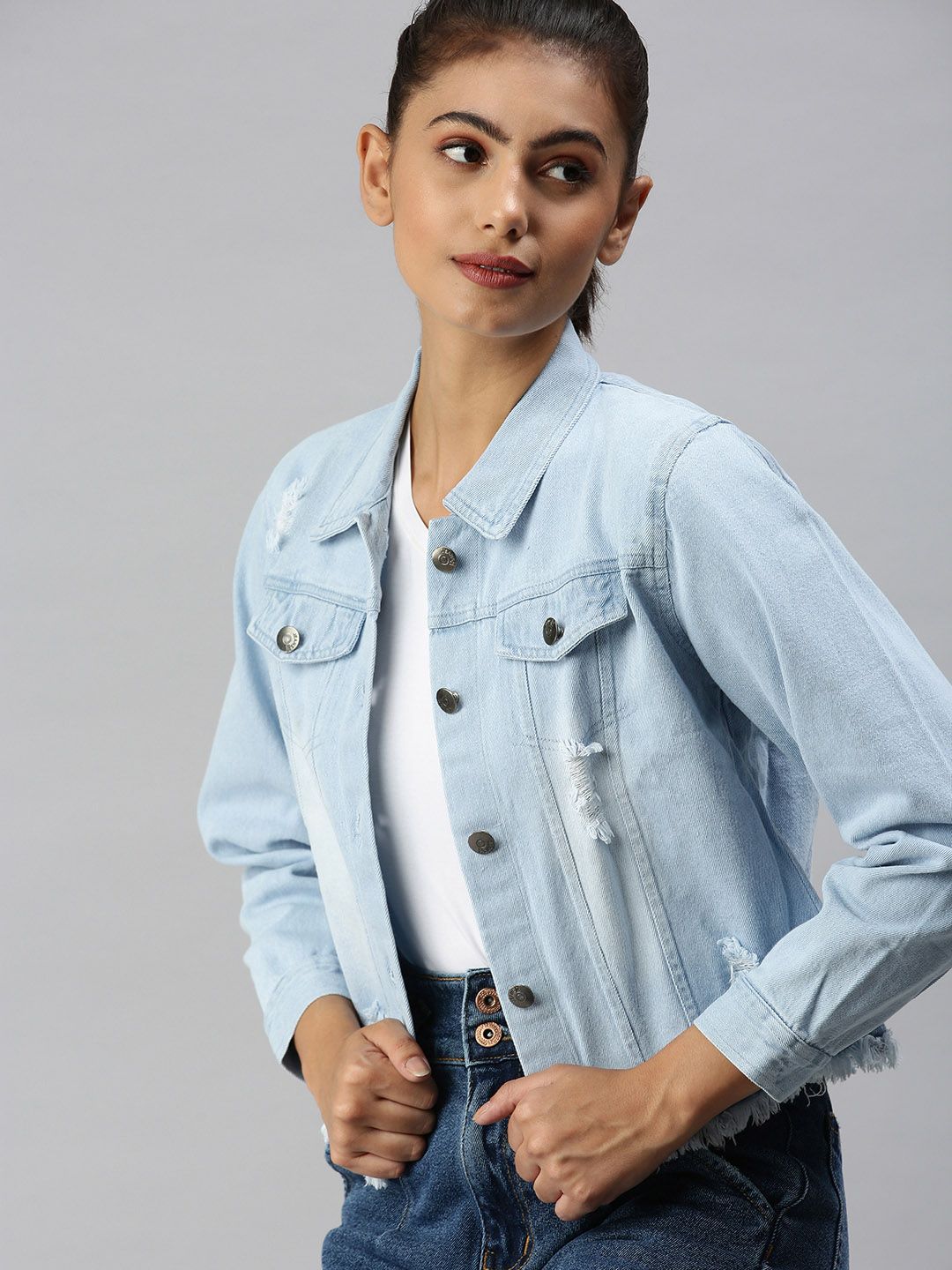 SHOWOFF Women Blue Washed Denim Jacket with Embroidered Price in India