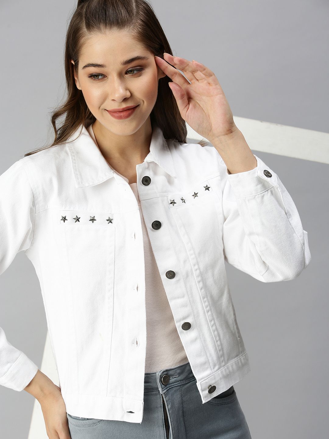 SHOWOFF Women White Solid Spread Collar Cotton Denim Jacket Price in India