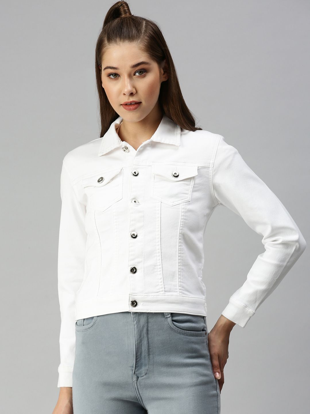 SHOWOFF Women White Cotton Denim Jacket Price in India