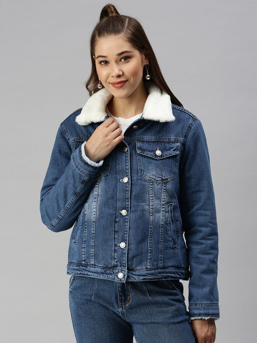 SHOWOFF Women Blue Washed Outdoor Denim Jacket Price in India